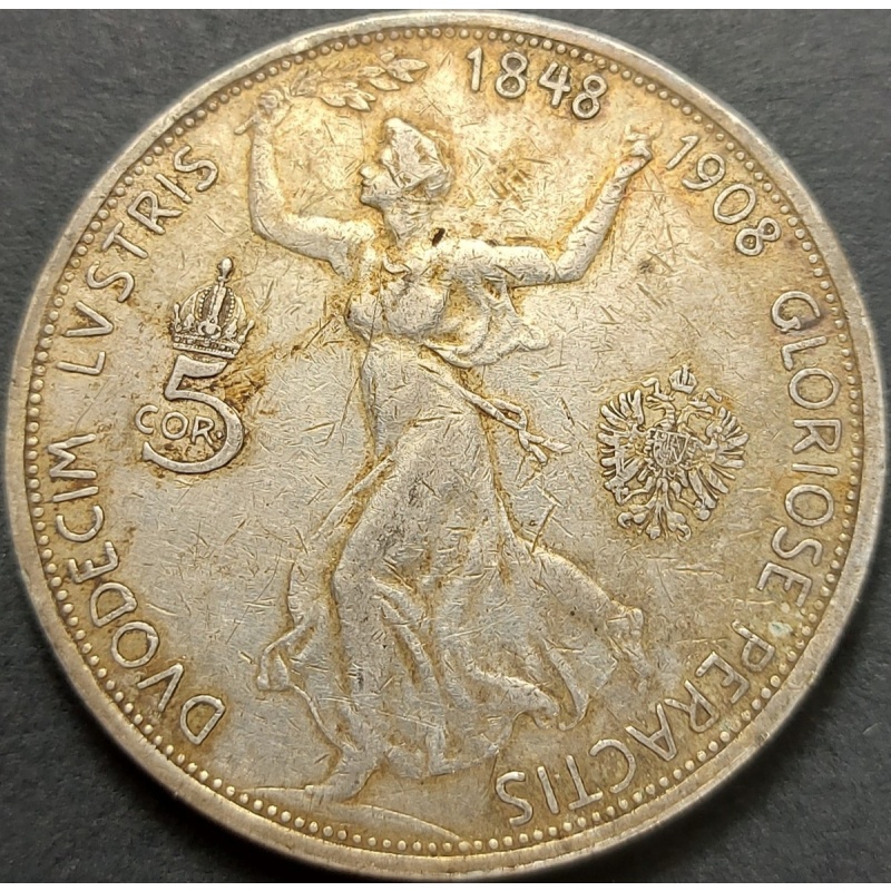 AUSTRIA ÖSTEREICH 5 CORONA 1908 KM#2809 VF++ SILVER FRANCIS JOSEPH I. 1848-1916