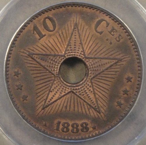 1888 10 Centimes Belgian Congo Leopold II Coin MS64 RB ANACS Certified