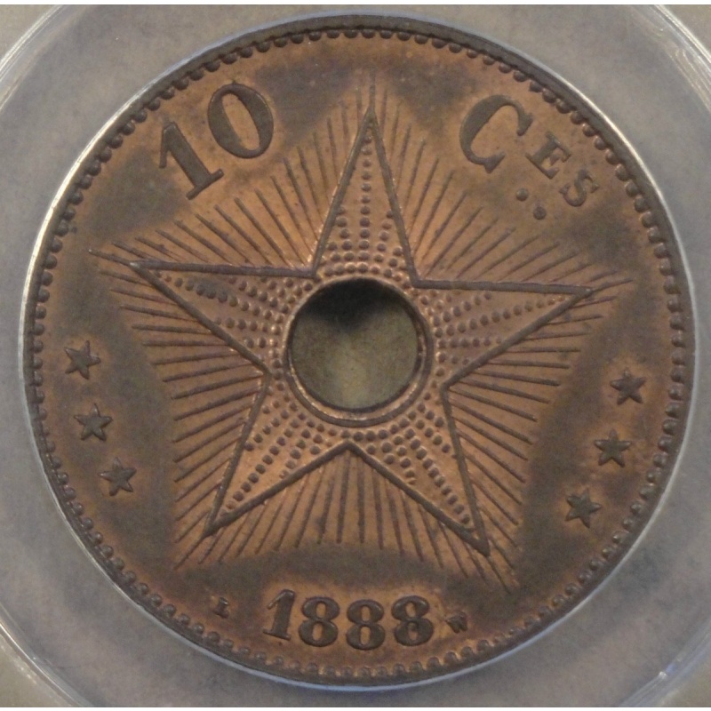 1888 10 Centimes Belgian Congo Leopold II Coin MS64 RB ANACS Certified