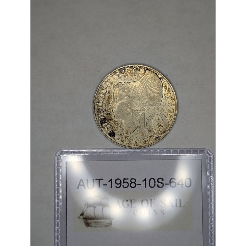 1958 Austria 10 Schilling Coin, 64% Silver