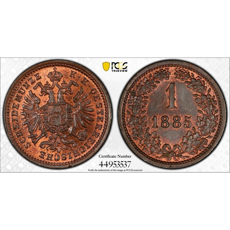 1885 Austria One Kreuzer PCGS MS65 RB Great Surfaces and Luster Gold Shield 1794