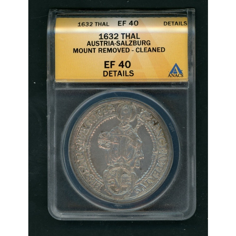 AUSTRIA SALZBURG 1632 THALER SILVER COIN SLABBED ANACS EF 40 KM# 87 AS SHOWN