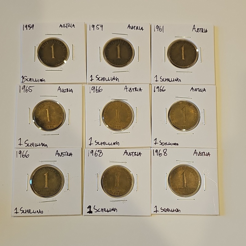 Lof of 9 Austria 1 Schilling Coins (1959, 61, 65, 66, 68) Republik Österreich