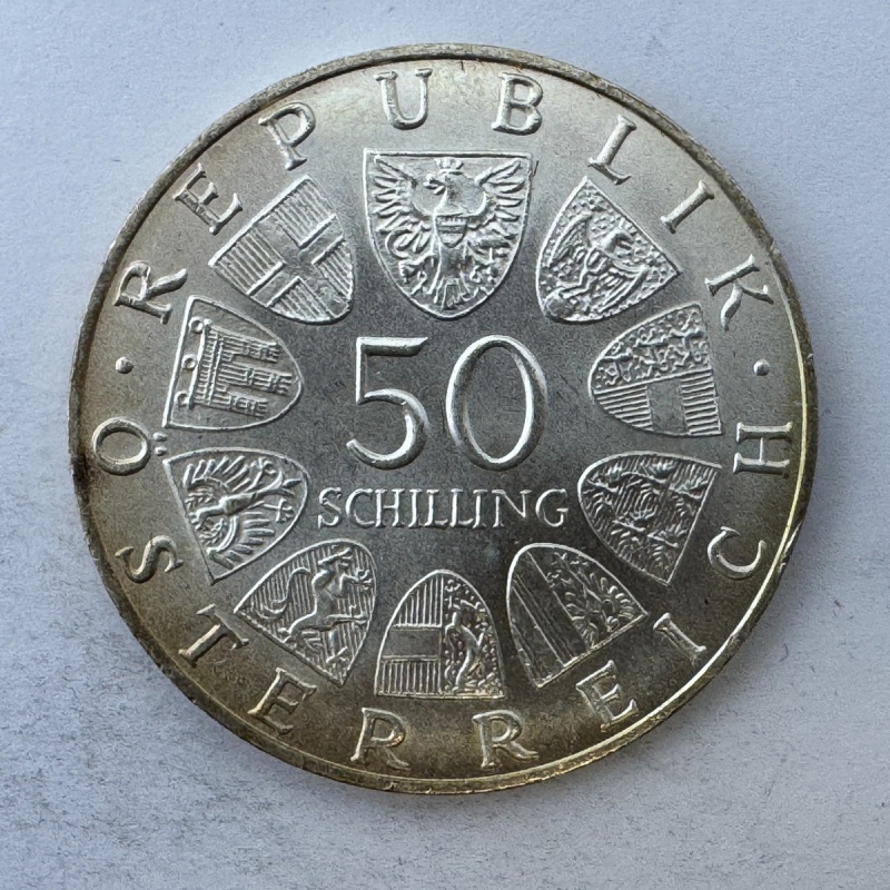 Austrian 1970 50 Schilling Karl Renner Silver Coin • 0.640 Silver • Austria Mint
