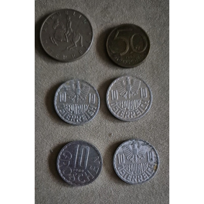 6 Austrian Coins ~ 5 Schilling 1970 / 50 Groschen 1961 / 10G 1965, '73, '79, '89
