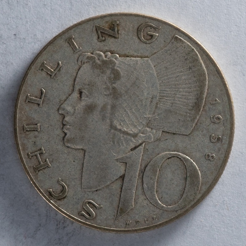 1958 Austria 10 Schilling silver coin Alpine Woman shield 0.640 silver vintage