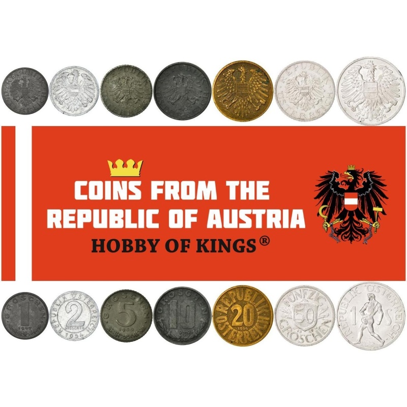 Austria | 7 Coin Set | 1 2 5 10 20 50 Groschen 1 Schilling | 1946 - 1957
