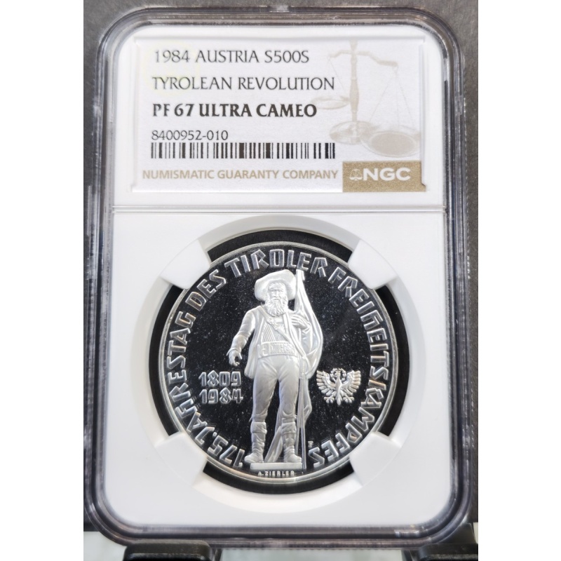 1984 AUSTRIA SILVER 500 SCHILLING TYROLEAN REVOLUTION NGC PF 67 ULTRA CAMEO RARE