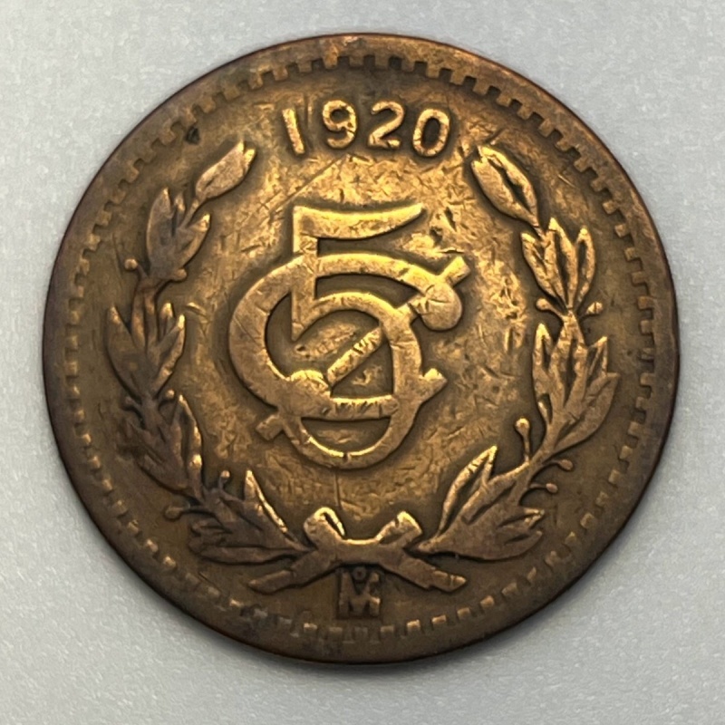 1920 Mexico 5 Centavos Bronze World Coin 5C