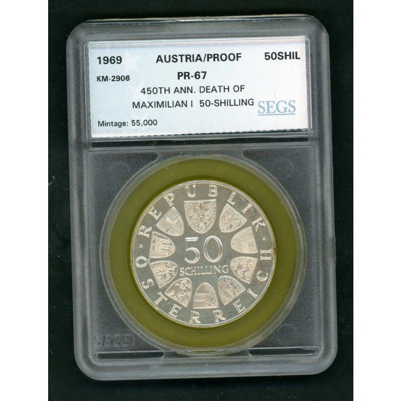 AUSTRIA 50 SHIL 1969 450TH ANNIV DEATH MAXIMILLIAN SILVER PROOF COIN (0.5787oz)