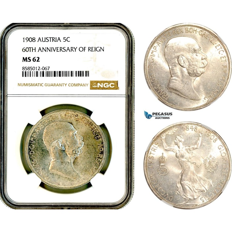 AL367, Austria, Franz Joseph, 5 Corona 1908, Vienna Mint, Silver, NGC MS62