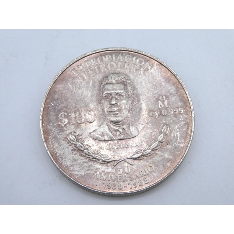 MEXICO SILVER COIN: 1988 100 Pesos, 1oz, .999 Silver 50th Anniversary. F386