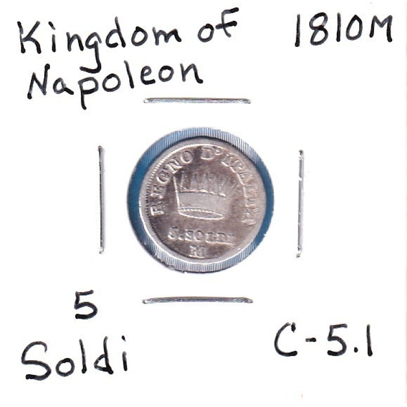 1810M Kingdom of Napoleon 5 Soldi (C-5.1) .0362 ASW Silver!!! [Napoleon I]