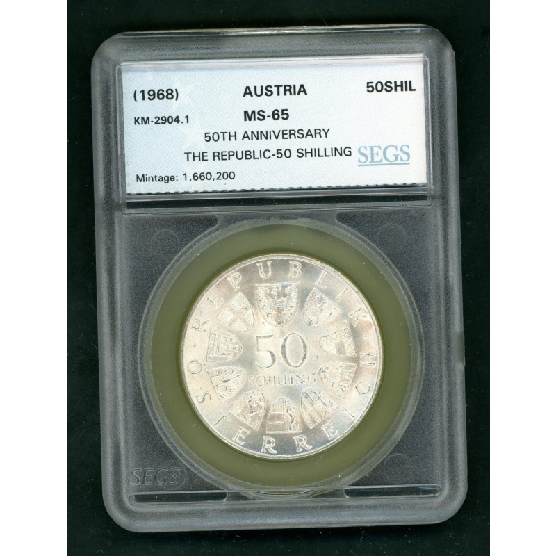 AUSTRIA 50 SHILLING 1968 50TH ANNIV REPUBLIC SILVER COIN KM # 2904.1 (0.5787oz)