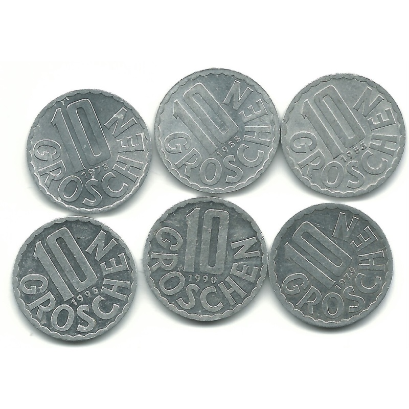 HIGH GRADE LOT 6 AUSTRIA 10 GROSCHEN COINS-1953,1955,1973,1979,1990,1996-JAN527
