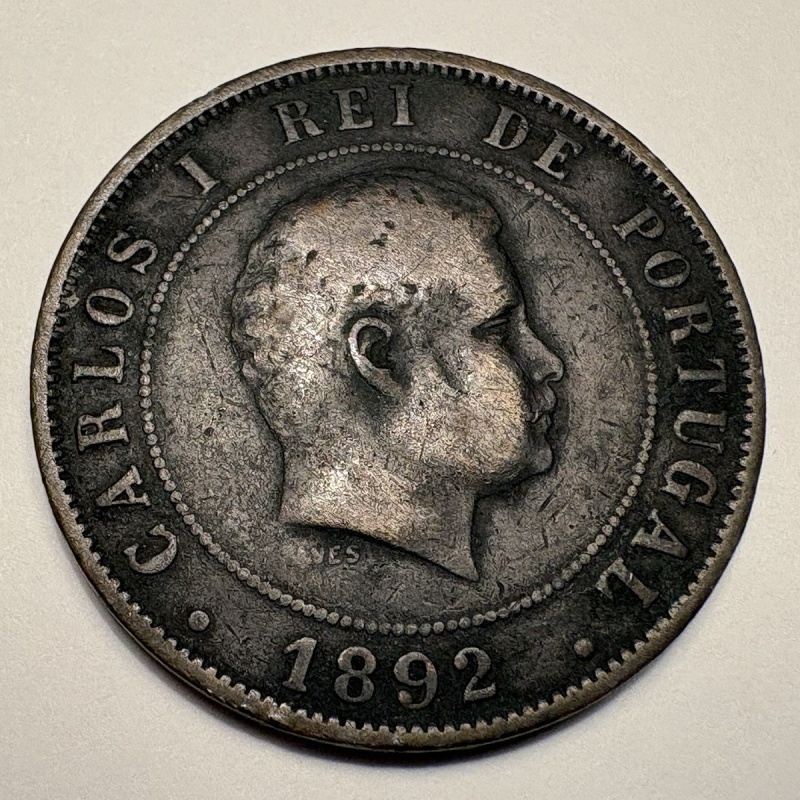 1892 Portugal 20 Reis Coin Carlos I Portuguese Copper Coin 1800s