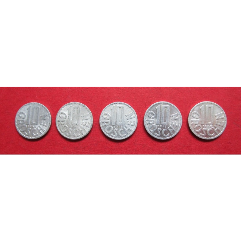 AUSTRIA  FIVE VINTAGE MIXED DATE 10 GROCHEN 1964-70-73-76-79  HIGH GRADE COINS