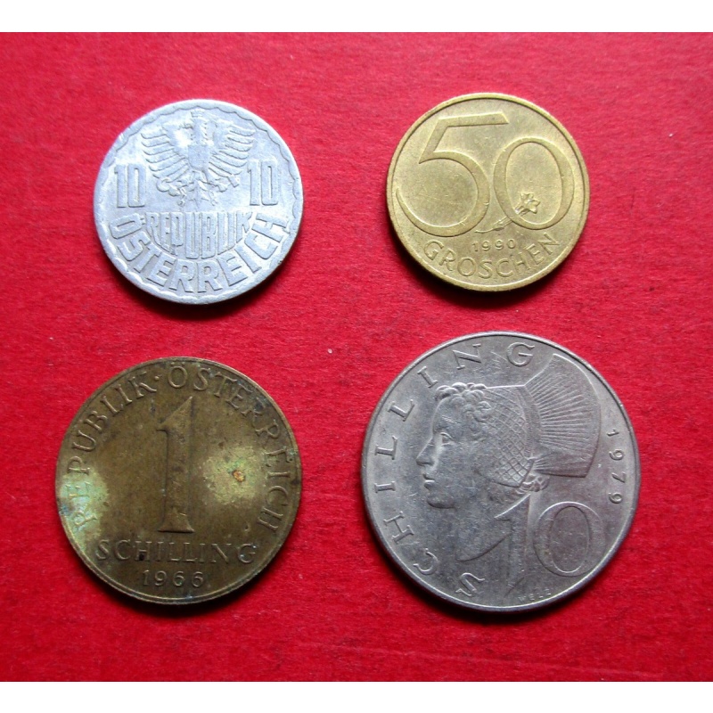 AUSTRIA FOUR VINTAGE MIXED DATE 10 & 50 GROCHEN AND 1 & 10  SCHILLING  COINS