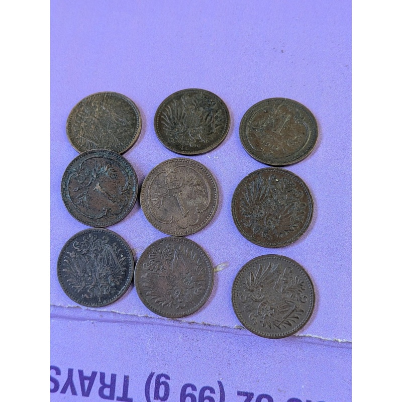 Austria 1 Heller Lot Of 9 Copper Coin - Franz Joseph I 1890's-1919