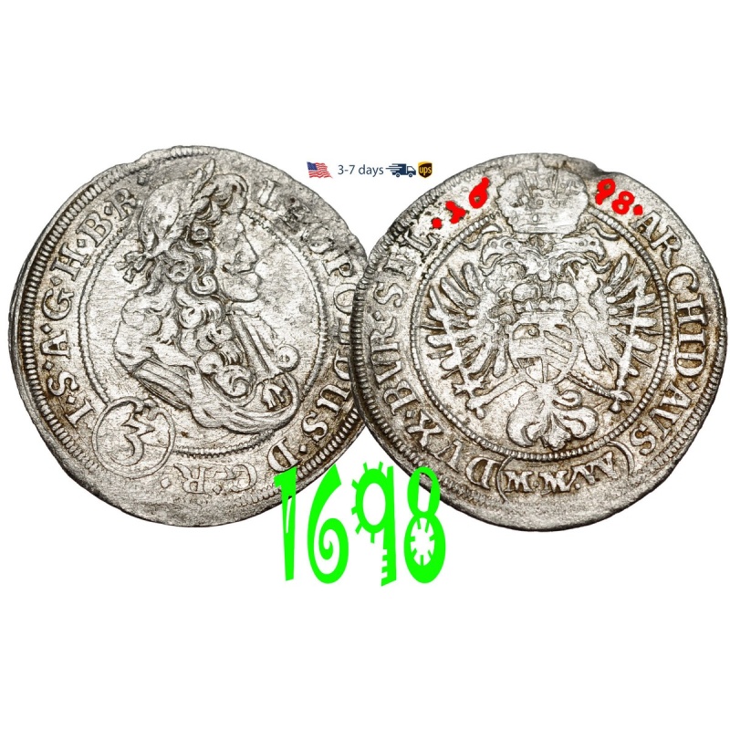 Austria 3 Kreuzer 1698 Habsburg  Leopold I, Silver Coin #32647